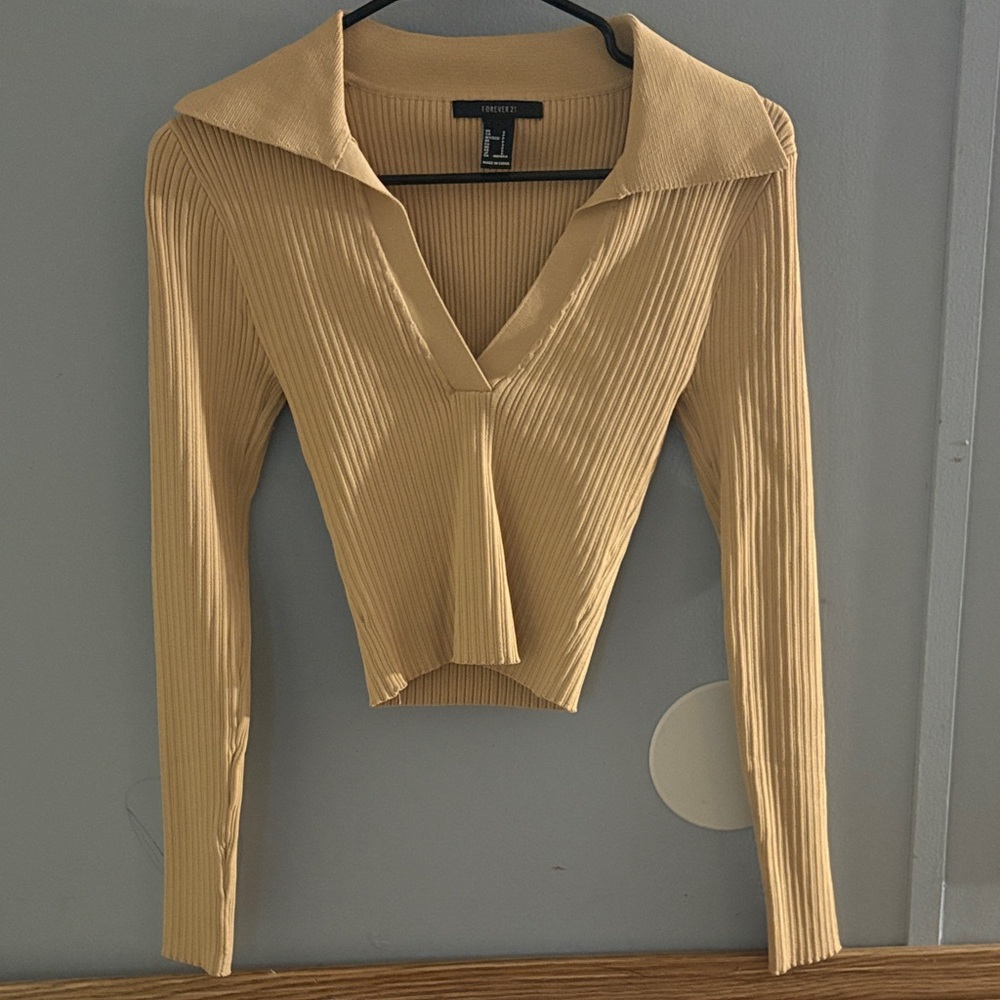 Forever 21 Beige Ribbed V-Neck Top